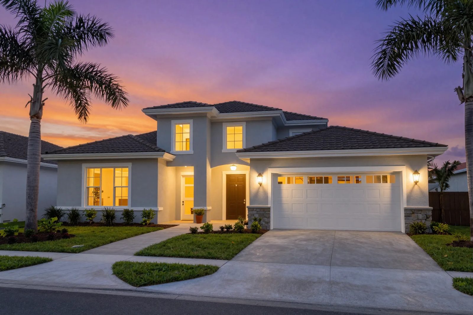 Twilight exterior of a Central Florida home with a glowing sunset sky